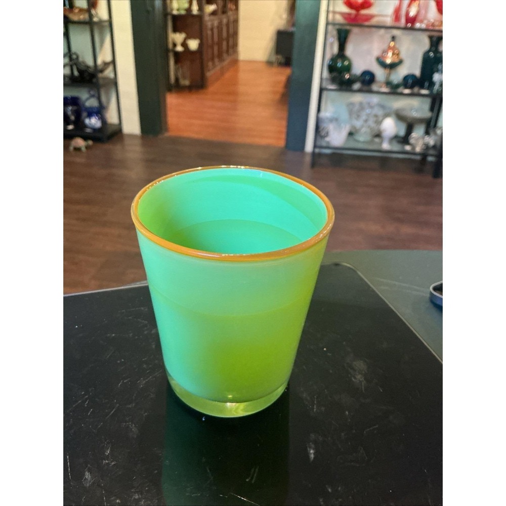 Vintage Dansk Green Borderline 4" Cased Glass Tumbler w/ Orange Rim - Picture 5 of 5